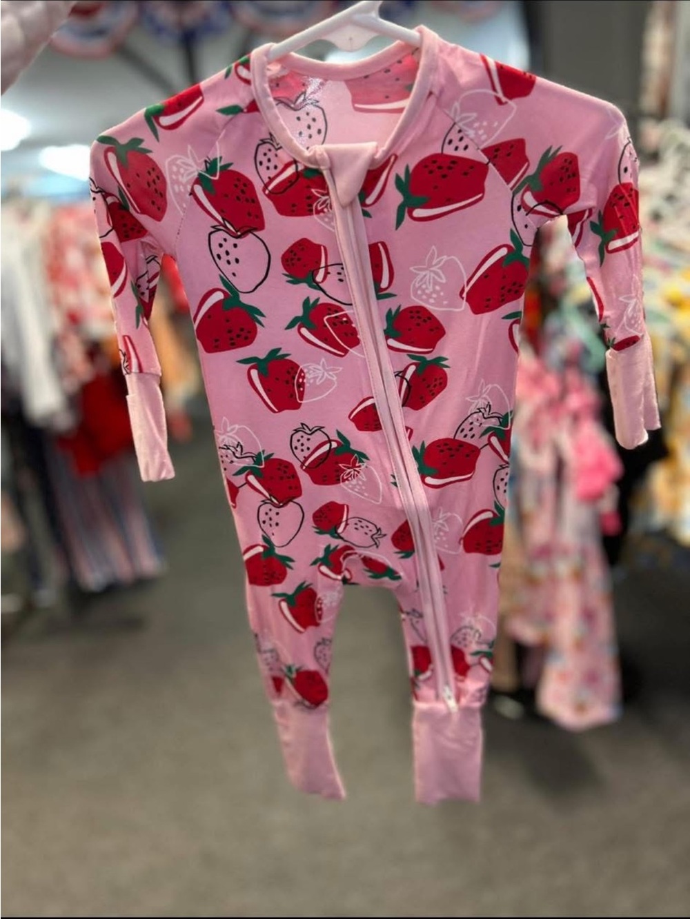 Pink Strawberry-Print Kids One-Piece Zipper Pajamas/bamboo - Picture 1 of 1